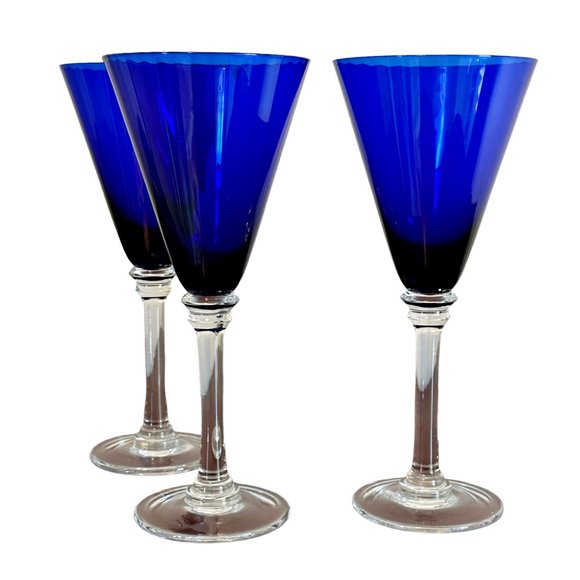 3 Eastern Handmade Cobalt Blue Ribbed Champagne Wine Glasses Stemware 9.5 Inch - Picture 4 of 8